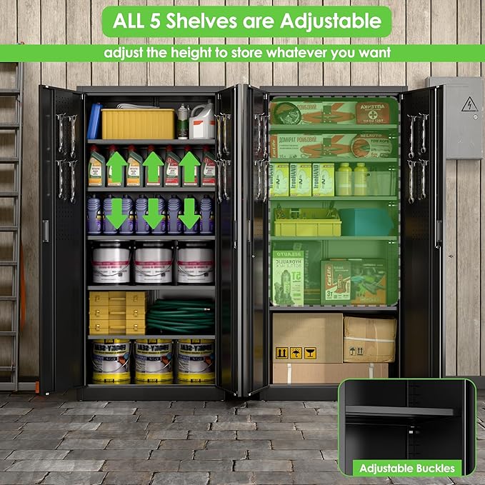Aobabo Upgraded 71" H×34" W×18" D Metal Garage Storage Cabinet with Pegboards, Lockable Steel Cabinet with 5 Adjustable Shelves and 4 Hooks for Garage, Home, Office, Black,Assembly Required-DeskLoop Office
