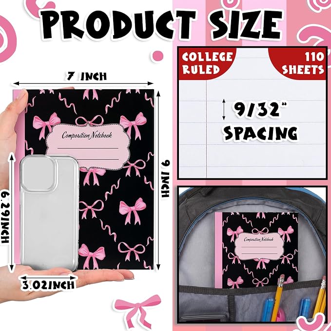 Fullhawl 6 Pack Composition Notebook College Ruled Bulk Black Pink Bow - Image 2