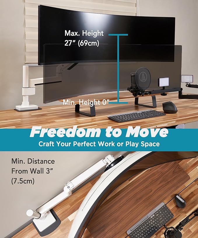 Heavy Duty Monitor Arm for Ultrawide Monitors up to 57" and 44 lbs, Single Desk Stand, Pneumatic Height Adjustable, Modular Extension Arms - Max VESA 100x100, White, MA20PW-S-DeskLoop Office