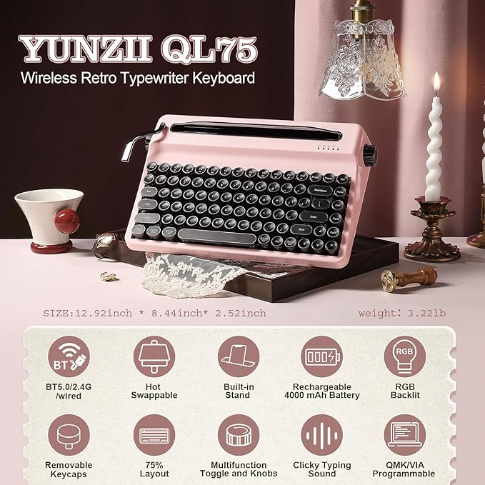 YUNZII QL75 Wireless Typewriter Hot Swap Retro Mechanical Keyboard,Punk Round Keycaps,RGB Backlit QMK/VIA Programmable,Multi-Device Keyboard with 2.4GHz/Type-C/BT5.0 (Pink, Cocoa Cream V2 Switch)-DeskLoop Office
