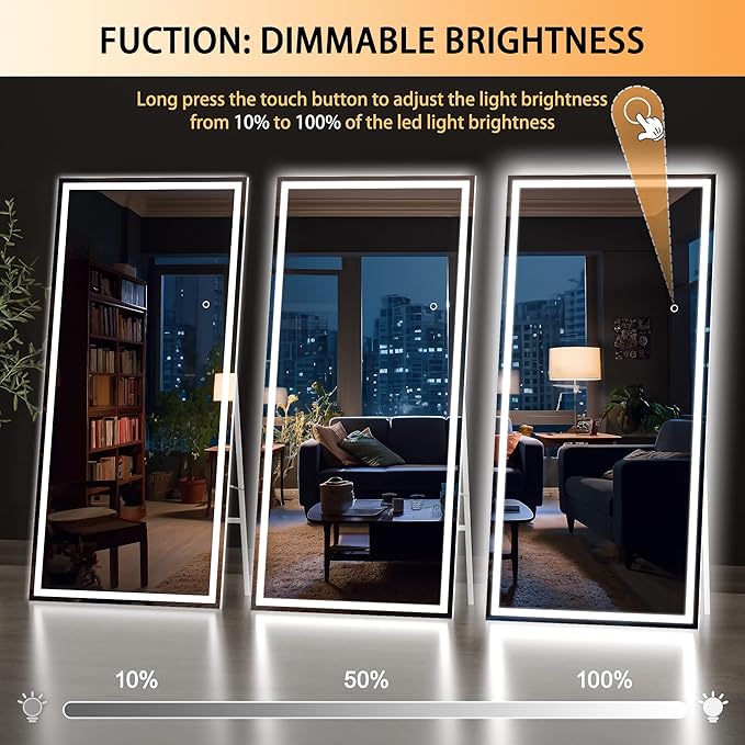 Hasipu Full Length Mirror with Lights, 79" x 36" LED Lighted Floor Standing Mirror, Full Body Dressing Hanging Mounted Mirrors, Dimmable, Tempered Glass, Safe to Use, Square White-DeskLoop Office