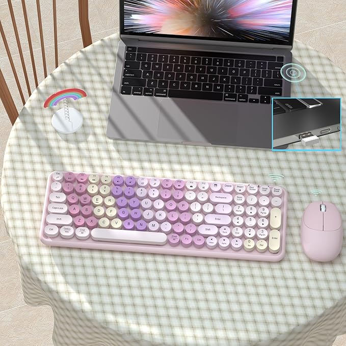 Colorful Wireless Keyboard Mouse Combo, Gradient Rainbow Colors 100 Keys and 2.4GHz Optical Mouse Connection for Windows, Mac, Laptop, PC, Desktop (Pink Colorful)-DeskLoop Office