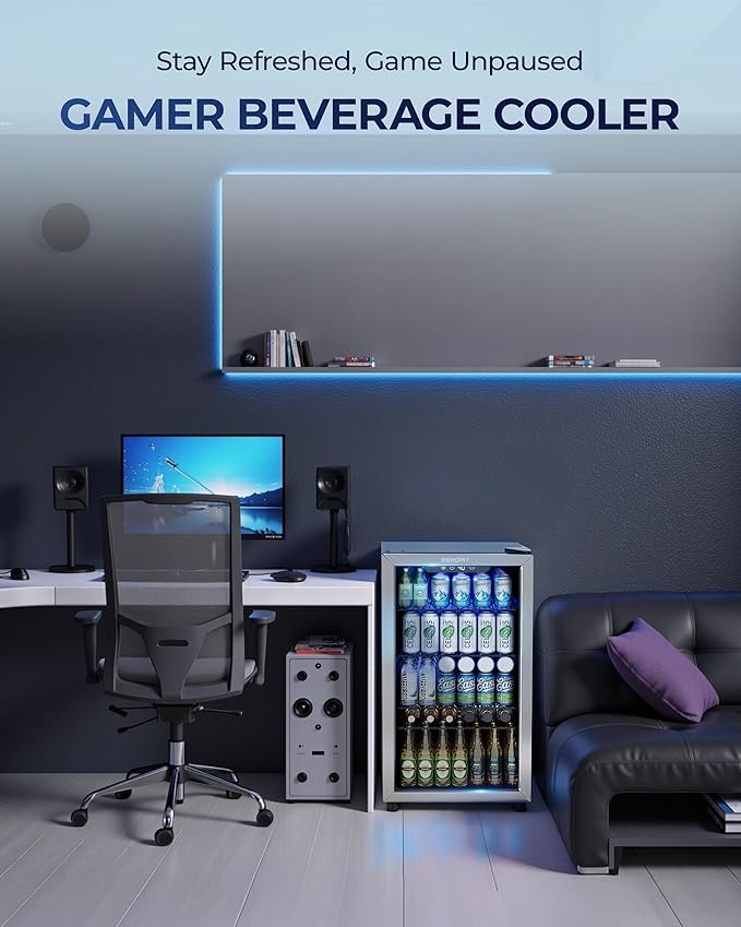 EUHOMY Beverage Refrigerator and Cooler, 128 Can Mini fridge with Glass Door, Small Refrigerator with Adjustable Shelves for Soda Beer or Wine, Perfect for Home/Bar/Office, Silver-DeskLoop Office