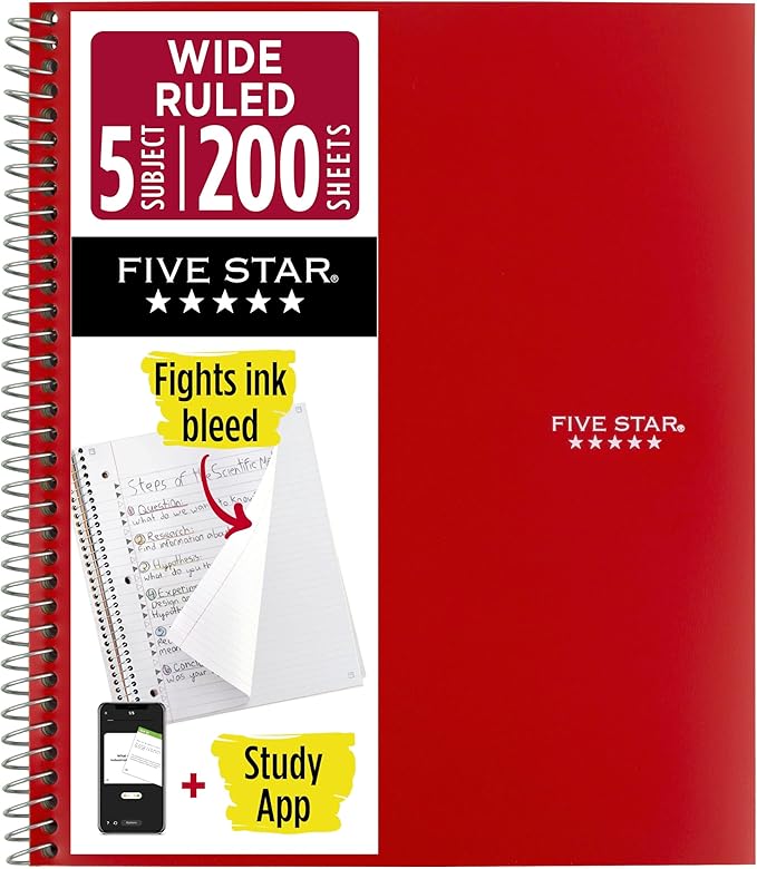 Five Star Spiral Notebook + Study App, 5 Subject, Wide Ruled Paper, 200 Sheets by FiveStar