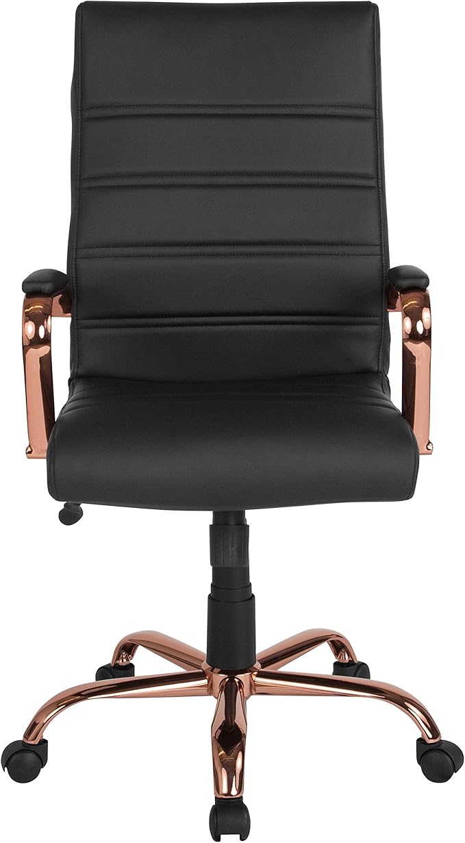 Flash Furniture Whitney High-Back Swivel LeatherSoft Desk Chair with Padded Seat and Armrests, Adjustable Height Padded Office Chair, Black/Rose Gold-DeskLoop Office