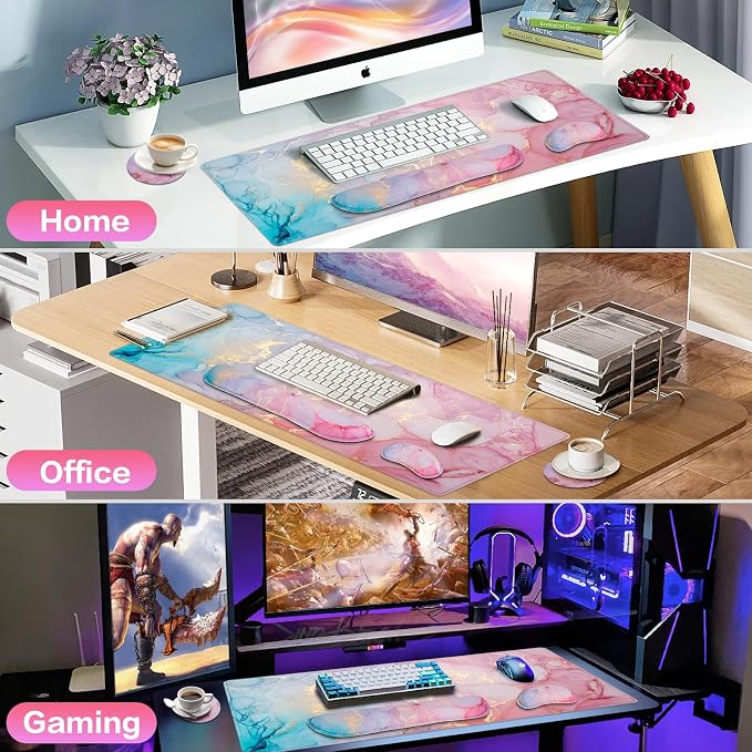 Mouse Pad Pink, Mouse Pad with Wrist Rest, 4-in-1 XXL Extended Large Desk Mat - Image 7