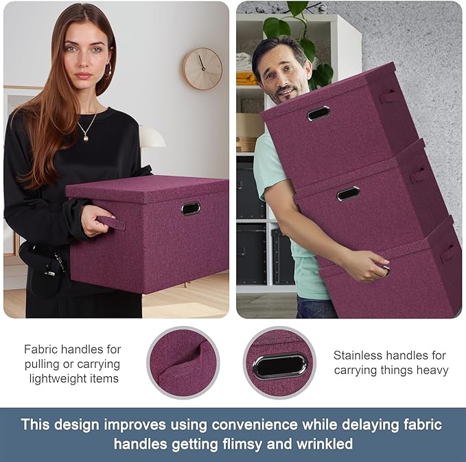 Large 17" 36 Quart Collapsible Stackable Storage Bins with Lids, 3 Packs Purple Linen Fabric Closet Boxes with Lids, Storage Cube Baskets Container Organizers for Bedroom Office (17x12x11)-DeskLoop Office
