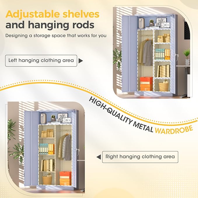 Greenvelly Metal Storage Wardrobe Cabinet with Lock, 72" Dark Grey Metal Wardrobe Closet for Hanging Clothes with Doors and Shelves, Modern Clothes Closet for Home, Office and Bedroom, School,Gym-DeskLoop Office