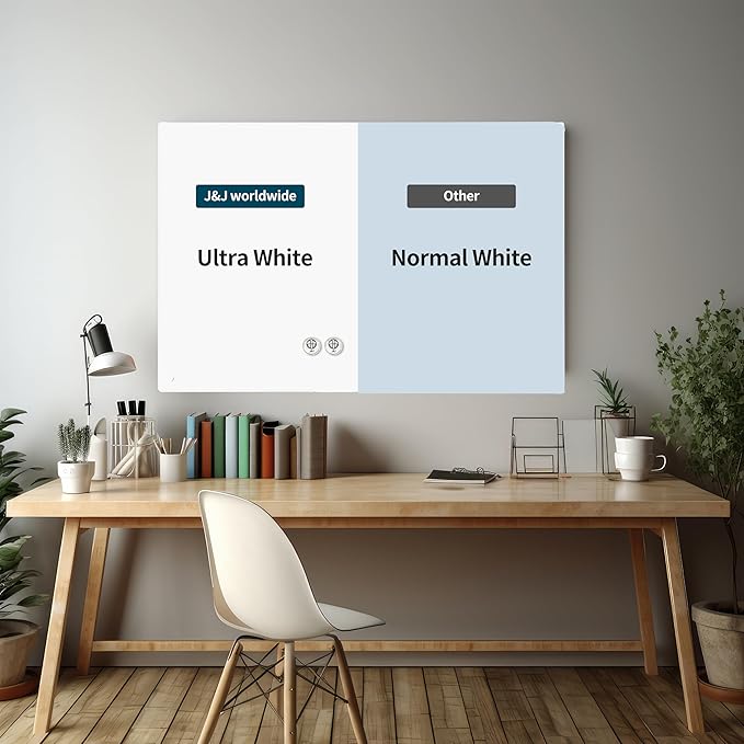 J&J worldwide Glass Whiteboard, Magnetic Brilliance White Glass Dry Erase Board 4' x 3' Imperforated, Frameless, Includes Markers, Magnets, Aluminum Marker Tray, Eraser for Wall, Office, Home-DeskLoop Office