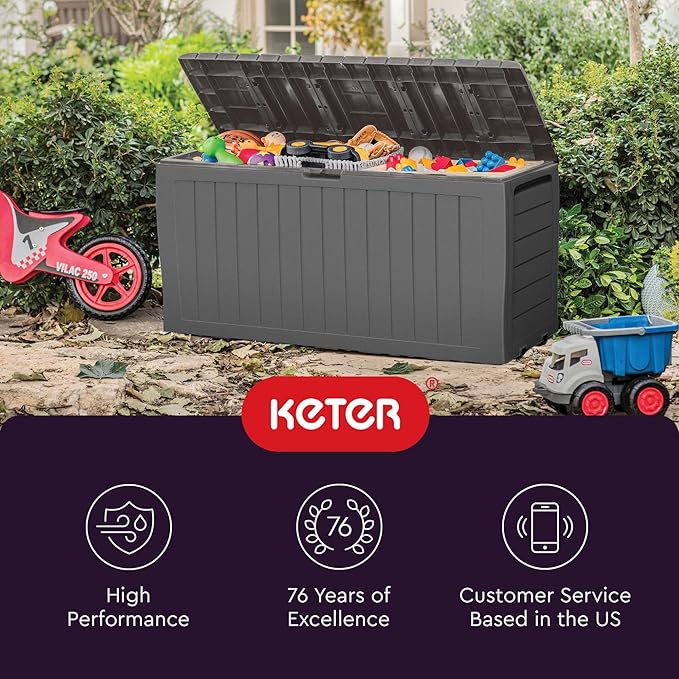 Keter Marvel Plus 71 Gallon Resin Deck Box-Organization and Storage for Patio Furniture Outdoor Cushions, Throw Pillows, Garden Tools and Pool Floats, Light Grey-DeskLoop Office