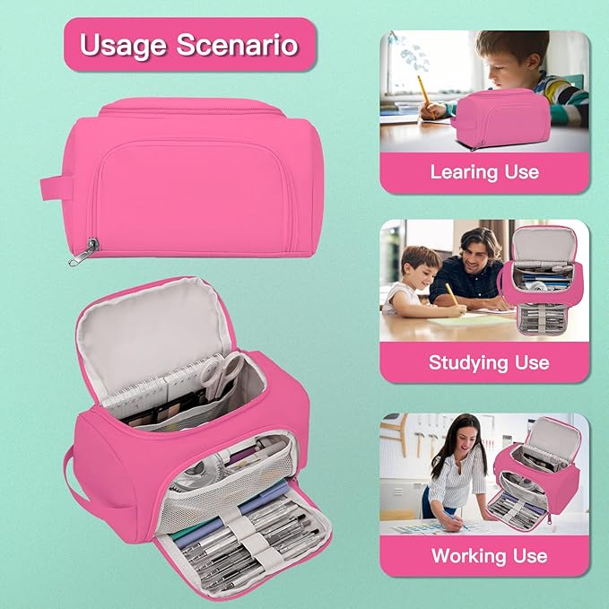 Hsmihair Large Pencil Pouch,Pencil Case Aesthetic,Zipper Pencil Box for Girls Back to School Supplies Emergency Bag Makeup Bag (Deep Pink)-DeskLoop Office