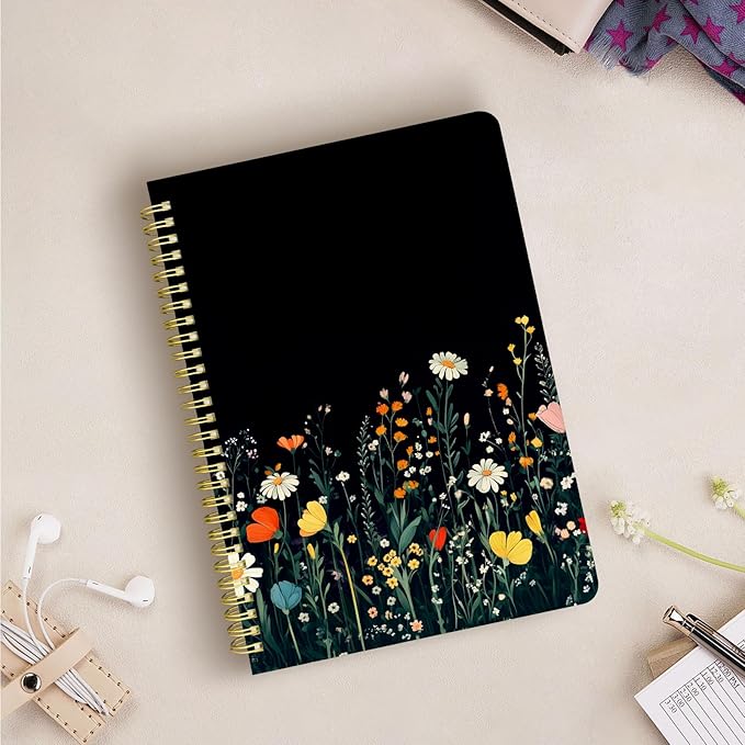 Cute Spiral Notebook journal B5 Aesthetic Pretty Design for Women Girls Kawaii with Pocket, 10 x 7.2 inch, Lined, Black Flower-DeskLoop Office