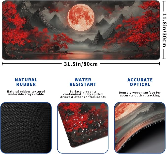 Darkness Red Moon Mouse Pad Abstract Red Mouse Pad 31.5x11.8 Inch Texture - Image 3