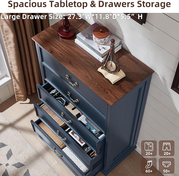 Farmhouse 5 Drawer Dresser Set of 2 for Bedroom, 45" Tall Rustic Chests of Drawers w/ 4 Solid Wood Feet, Mid Century Vintage Wooden Closet Storage Dressers Organizer for Living Room, Navy Blue-DeskLoop Office
