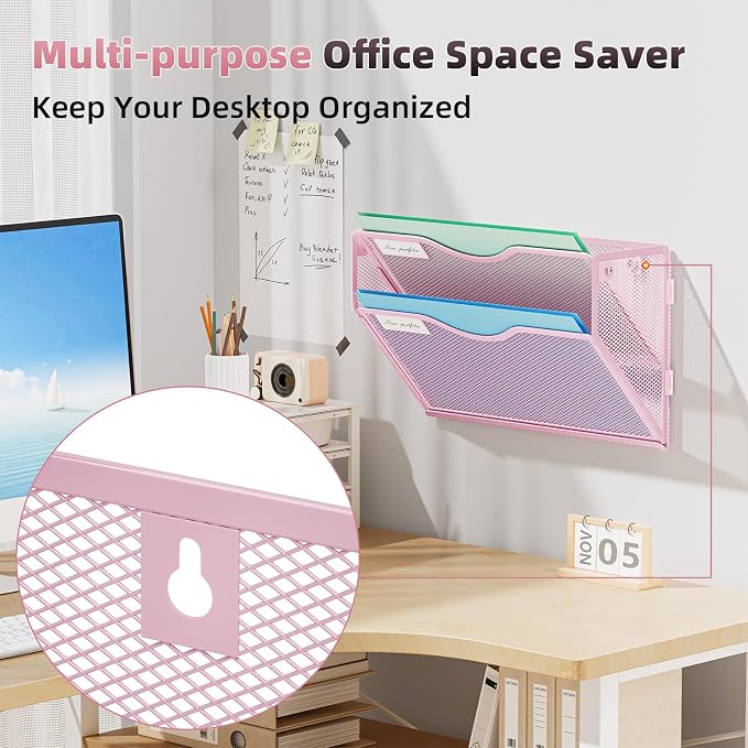 Marbrasse Wall File Holder 2-Tier Hanging Wall File Organizer, Mesh Mail Holder - Image 2