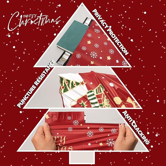 Christmas Poly Mailer 10x13 Inch 25 Pcs, Waterproof Shipping Bags for Clothing, Tear-Resistant Mailier, Strong Mailing With Self-Seal - Red Merry Christmas-DeskLoop Office