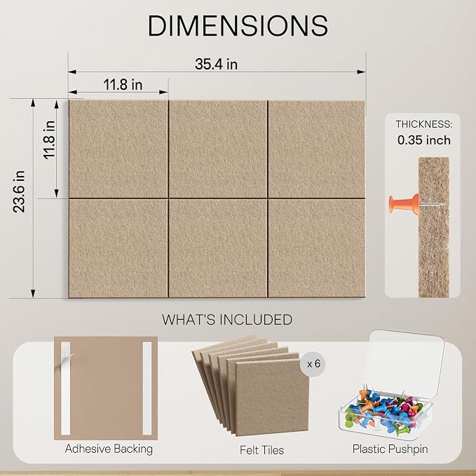 MaxGear Felt Bulletin Board 36" x 24", Tan Felt Wall Tiles Push Pins | Cork - Image 4