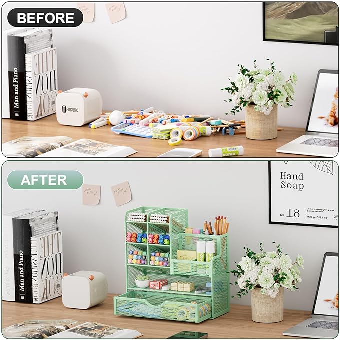 Marbrasse Mesh Pen Holder for Desk, Multi-Functional Pencil Organizer with Drawer, Desk Organizers and Accessories for Office Art Supplies (Green)-DeskLoop Office