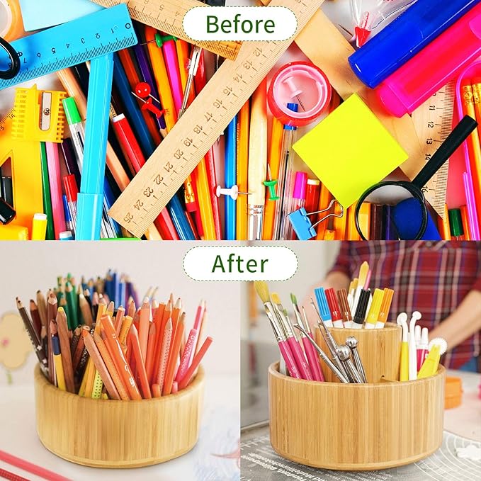 Utoplike Bamboo Rotating Art Supply Desk Organizer, Pencil Holder Organizer, Desktop Storage Caddy for Pen, Colored Pencil, Crayon, Paint Brushes, Art Studio&Office-DeskLoop Office