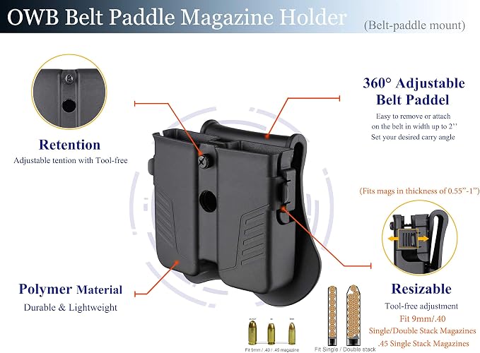 Double Magazine Holster, Universal Magazine Pouch, 9mm/40/45/10mm/380 Mag - Image 6