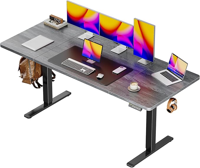 Huuger 63 x 28 Large Electric Standing Desk, Height Adjustable Computer Desk, 27.6" Deep Desktop, Stand up Gaming Office Table with 2 Hooks, 3 Preset Heights, for Home Office, Grey-DeskLoop Office