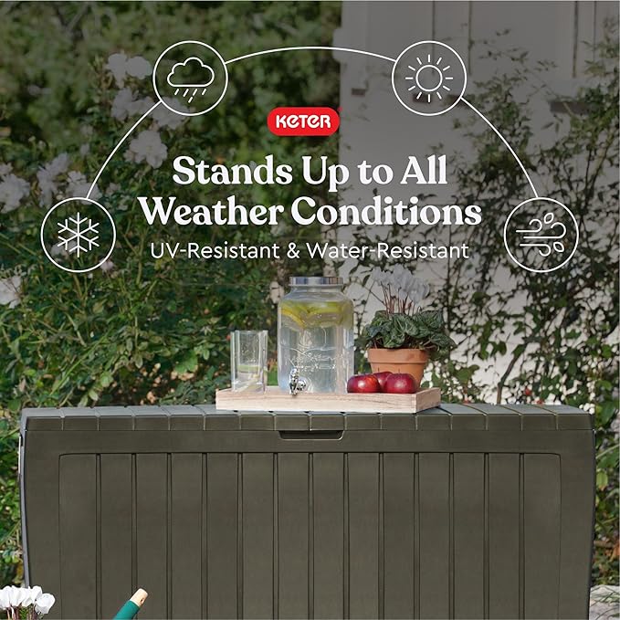 Keter Marvel Plus 71 Gallon Resin Deck Box-Organization and Storage for Patio Furniture Outdoor Cushions, Throw Pillows, Garden Tools and Pool Floats, Mossy Brown-DeskLoop Office