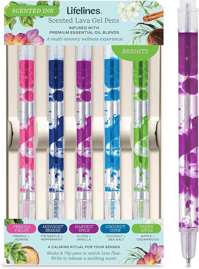 Lifelines Scented Lava Gel Pen Set, 5-Pack (Brights) - 0.5mm Colored Gel Pens Infused with Scented Essential Oil Blends & Mesmerizing Lava - School Supplies for College Kids & Adults-DeskLoop Office