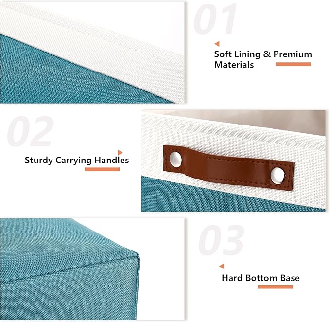 DULLEMELO Large Storage Basket, Collapsible Storage Bins Decorative Storage Baskets for Home Shelves Bedroom, Linen Fabric Basket with Leather Handles for Toys Books Organizing(White&Teal-DeskLoop Office