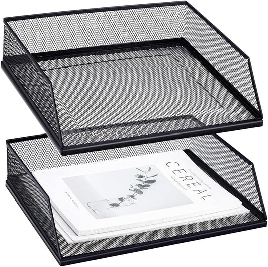 Hicarer 2 Pcs Black Metal Letter Tray Stackable Desk Tray Single Wire Mesh by Hicarer