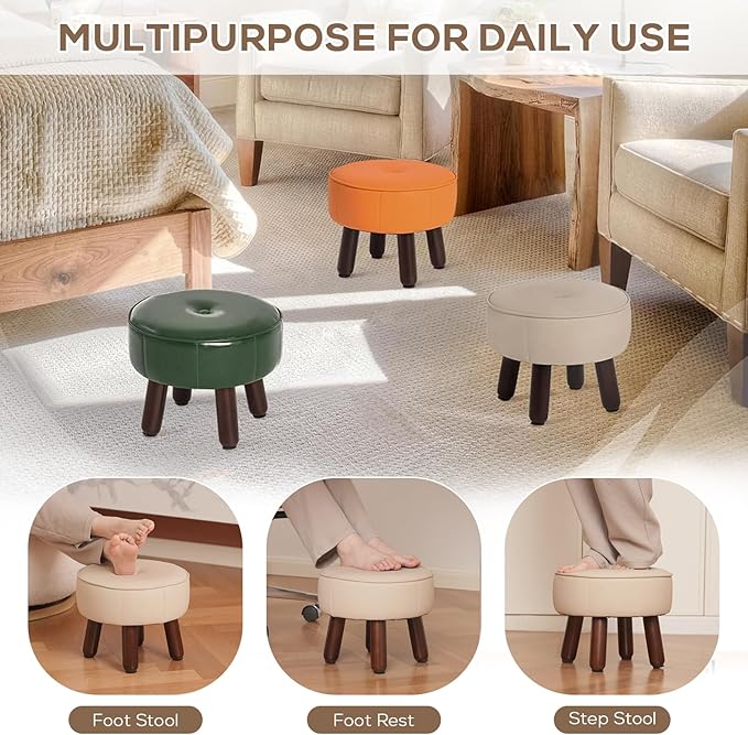 13in Small Foot Stool Ottoman, Round Faux Leather Foot Rest for Couch, Under Desk Pouf Footstool Footrest with Non-Skid Rubber Legs for Ling Room, Bedroom, 13''L x 13''W x 10.2''H, Beige-DeskLoop Office