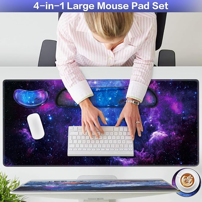 Mouse Pad Galaxy with Wrist Rest, 4-in-1 Large Mousepad+Keyboard Wrist - Image 2