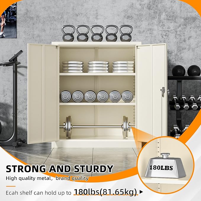 INTERGREAT Metal Cabinet with Lock, Lockable Metal Storage Cabinets with Doors and Shelves for Garage, Cream Grey Locking Garage Storage Cabinets 36"×32"×16"-DeskLoop Office