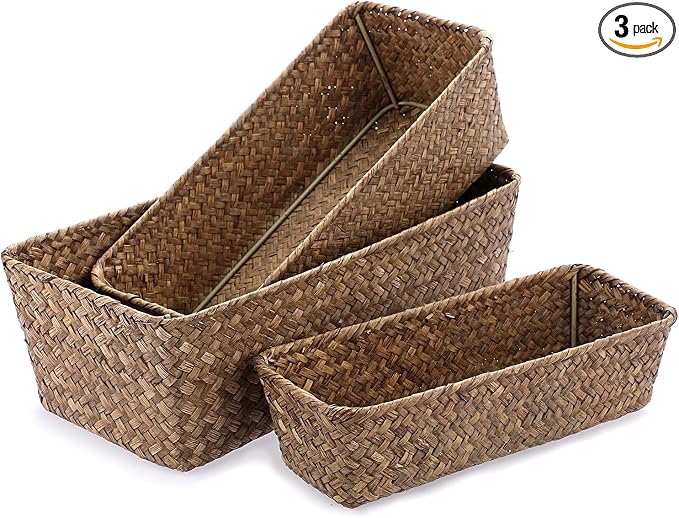 3 Natural Wicker Basket Set Rectangular Handwoven Seagrass Basket Storage Bins by Unknown