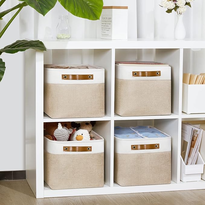 DULLEMELO Fabric Storage Bins for Laundry, Home, Foldable Storage Baskets for Shelves, Toys, Collapsible Storage Bins for Office, Closet,Bedroom(White&Khaki,15"x11"x9.5",4-Pack)-DeskLoop Office