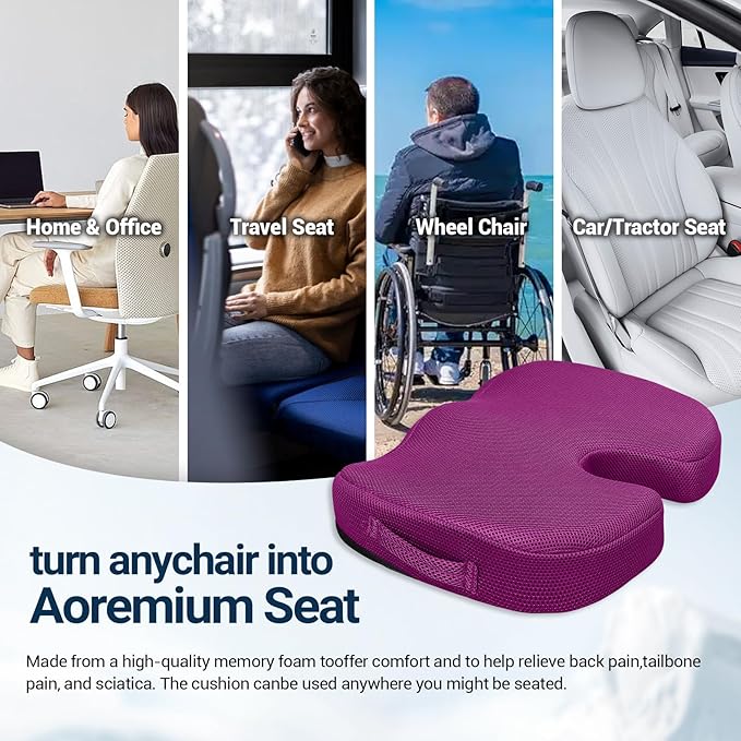 Gel Seat Cushion for Car Office - Memory Foam Pain Relief Chair Pillow Cushions - Tailbone Sciatica Coccyx Butt Lumbar Support Pad for Sitting Driving Traveling, Mesh, Purple-DeskLoop Office