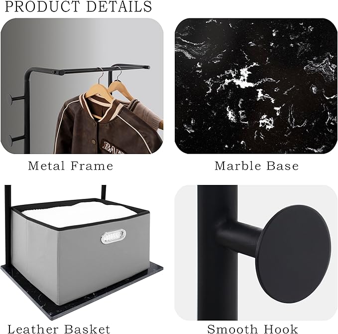 Heavy Duty Coat Rack with Storage Basket Metal Hanging Clothes Rack with Marble Base Modern Standing Clothing Rack for Entryway Bedroom Living Room Hotel 19.69 x 13.39 x 67.72 Inches (Black)-DeskLoop Office