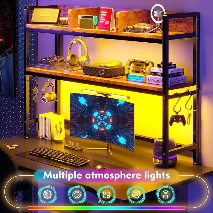 REIBII 45.2" Desk Shelf with LED Lights and Hooks, 2-Tier Adjustable - Image 3