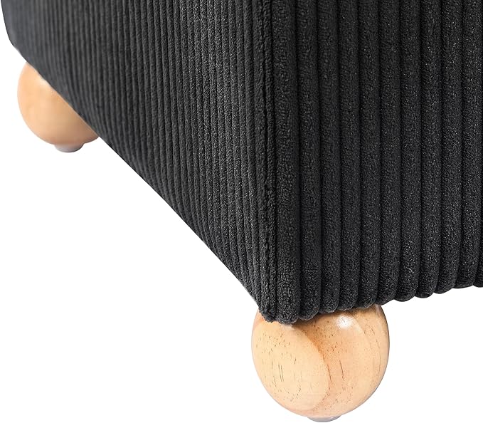 Adeco 17 Inch High Striped Flannel Black Cube Ottoman Storage, 3D Embossed Velvet Chair Foot Stools, Upholstered Vanity Stool with Hinged Lid, Solid Round Wood Legs-DeskLoop Office