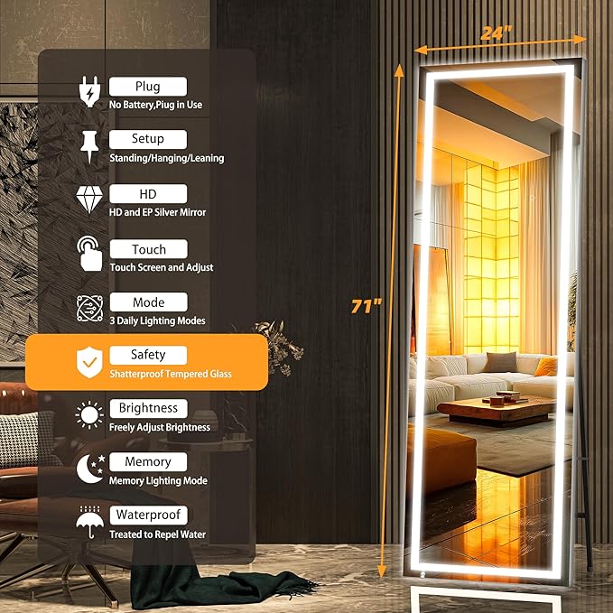 Hasipu Full Length Mirror with Lights, 71" x 24" LED Lighted Floor Standing, Full Body Dressing Hanging Mounted Mirror, Dimmable, Tempered Glass, Safe to Use, Square Black-DeskLoop Office