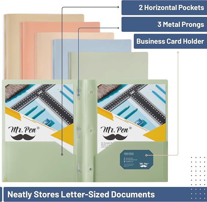 Mr. Pen- Plastic Folders with Pockets and Prongs, 5 Pack, Letter Size | Pocket - Image 3