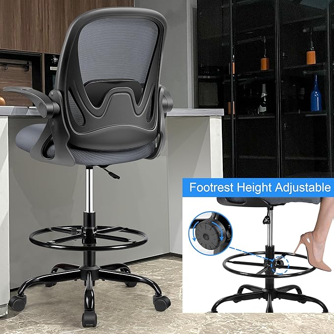 Drafting Chair Tall Office Chair with Flip-up Armrests, Adjustable Height, Enhanced Lumbar Support Ergonomic Rolling Stool, Back Support, Adjustable Foot Rest Ring for Standing Desk Dark Gray-DeskLoop Office