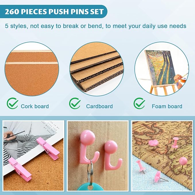 260 Pcs Push Pins Set 5 Styles Pink Thumb Tacks Cute Push Pins - Image 4