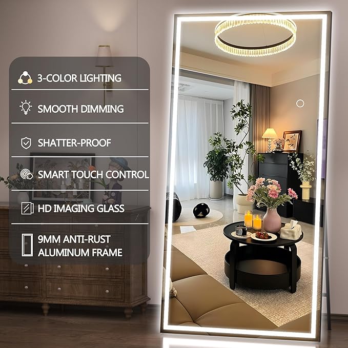 Hasipu Full Length Mirror with Lights, 71" x 27.6" LED Lighted Floor Standing Mirror, Full Body Dressing Hanging Mounted, Dimmable, Tempered Glass, Safe to Use, Square Black-DeskLoop Office