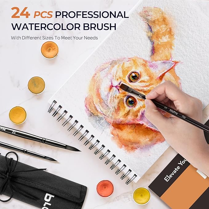 Nicpro 24pcs Watercolor Brushes Professional, Soft Synthetic Squirrel Hair Watercolor Brush Set with Cloth Roll, Round, Liner, Flat, Filbert, Dagger, Cat Tongue for Water Color Gouache Inks Painting-DeskLoop Office