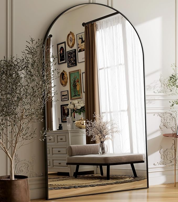 GLSLAND 72" x 44" Arched Full Length Mirror - Oversized Aluminum Alloy Frame Full Body Floor Mirrors with Stand Wall Mounted for Bedroom/Living Room, Black-DeskLoop Office
