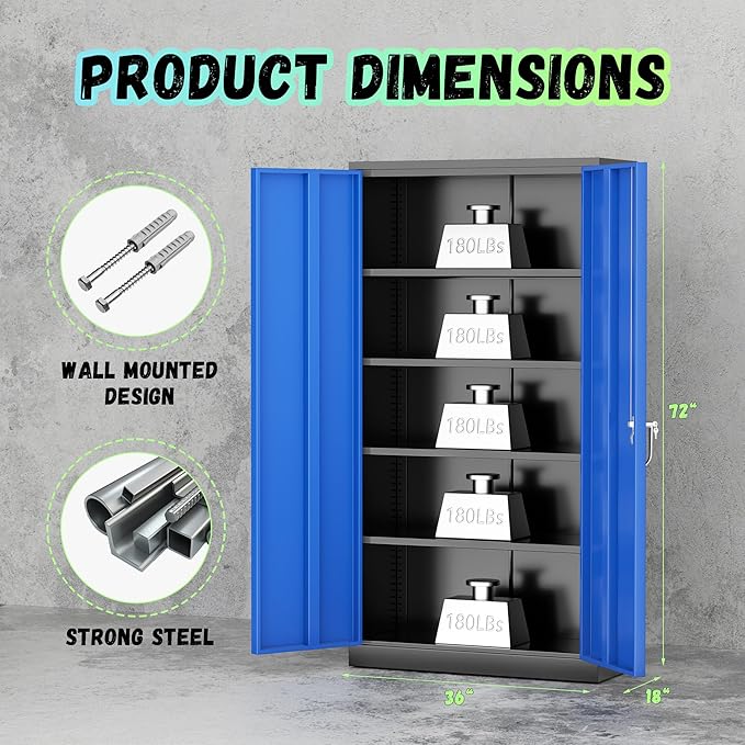 INTERGREAT Garage Storage Cabinets with Doors and Shelves,72" H Steel Locking Cabinets Storage with Lockable Door,Metal Storage Cabinet for Home Office,Warehouse,School,Black Blue-DeskLoop Office
