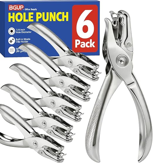 6 Pack Single Hole Punch, 1/4" Paper Hole Puncher by BGUP
