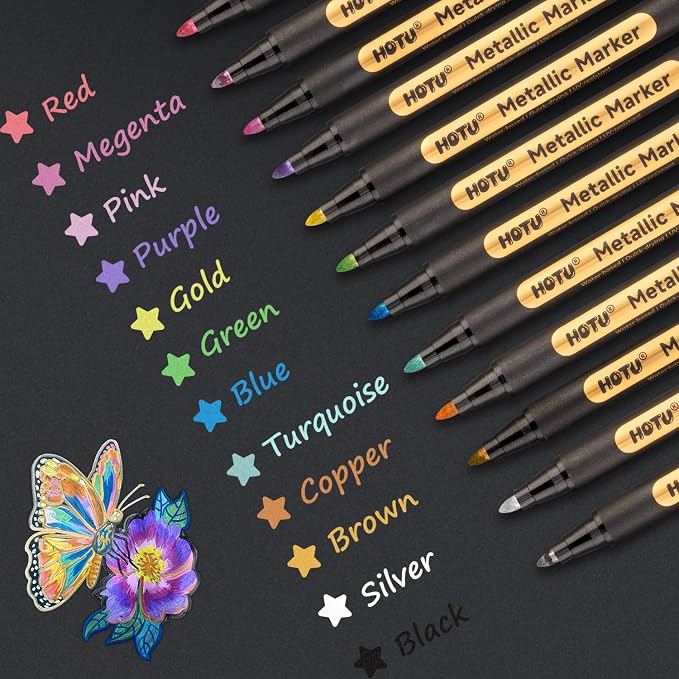HOTU Metallic Marker Pens, 12 Metallic Paint Markers 2MM Medium Point by HOTU