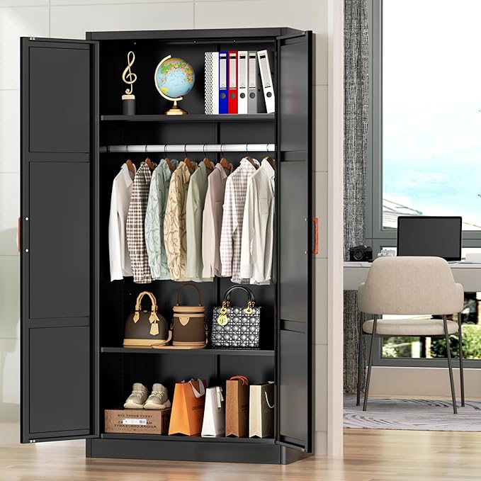 Greenvelly Metal Wardrobe Cabinet, 72" Black Armoire Metal Wardrobe Closet for Hanging Clothes with Wooden Handle, Modern Clothes Cabinet for Home, Office,Bedroom, School,Gym-DeskLoop Office