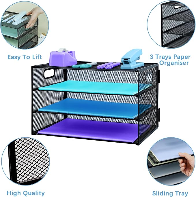 3 Tier Desk Organiser with Handle, Pull-Out Mesh File Organizer - Image 3